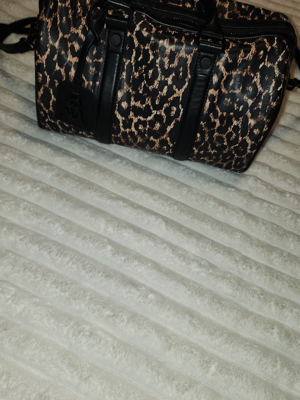 Leopard Print Barrel Duffel Bag with Black Trim